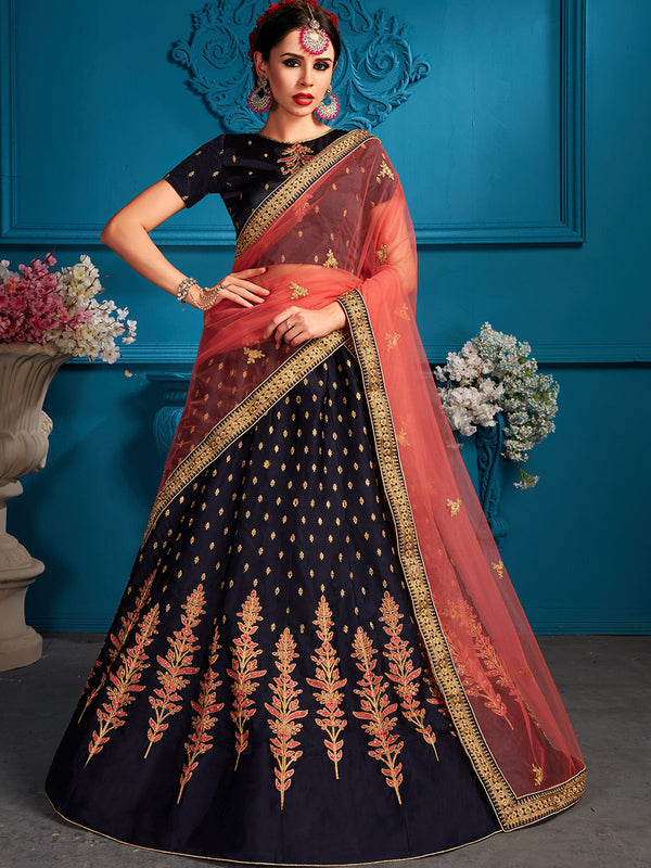 Dark Blue Sequins Semi Stitched Lehenga With Unstitched Blouse Clothsvilla