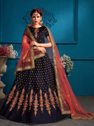 Dark Blue Sequins Semi Stitched Lehenga With Unstitched Blouse Clothsvilla