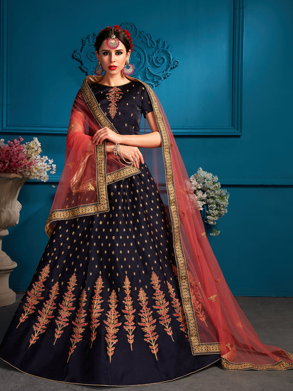Dark Blue Sequins Semi Stitched Lehenga With Unstitched Blouse Clothsvilla