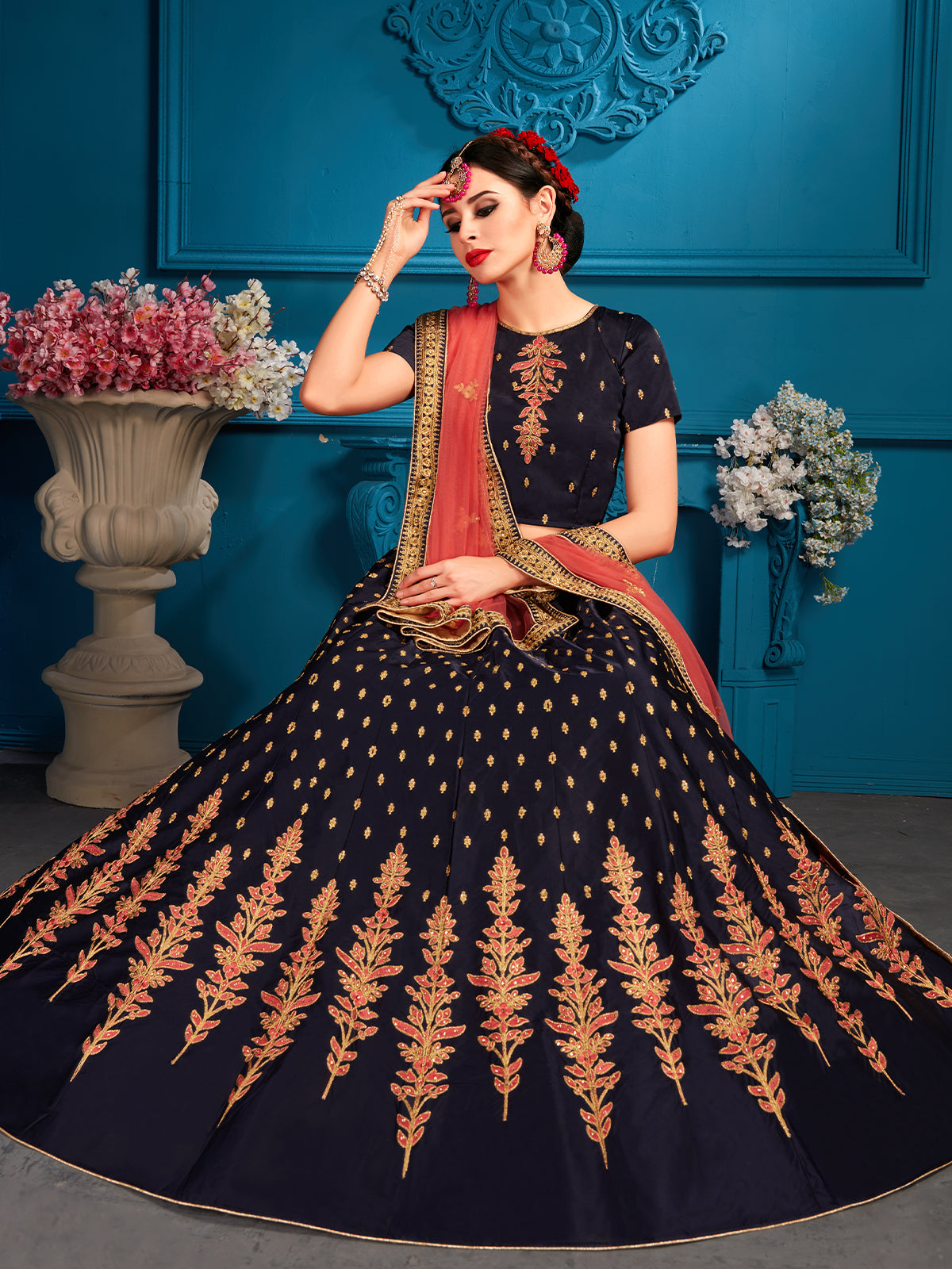 Dark Blue Sequins Semi Stitched Lehenga With Unstitched Blouse Clothsvilla