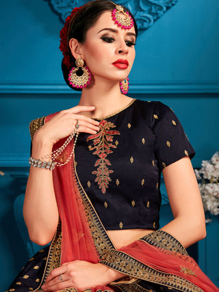 Dark Blue Sequins Semi Stitched Lehenga With Unstitched Blouse Clothsvilla