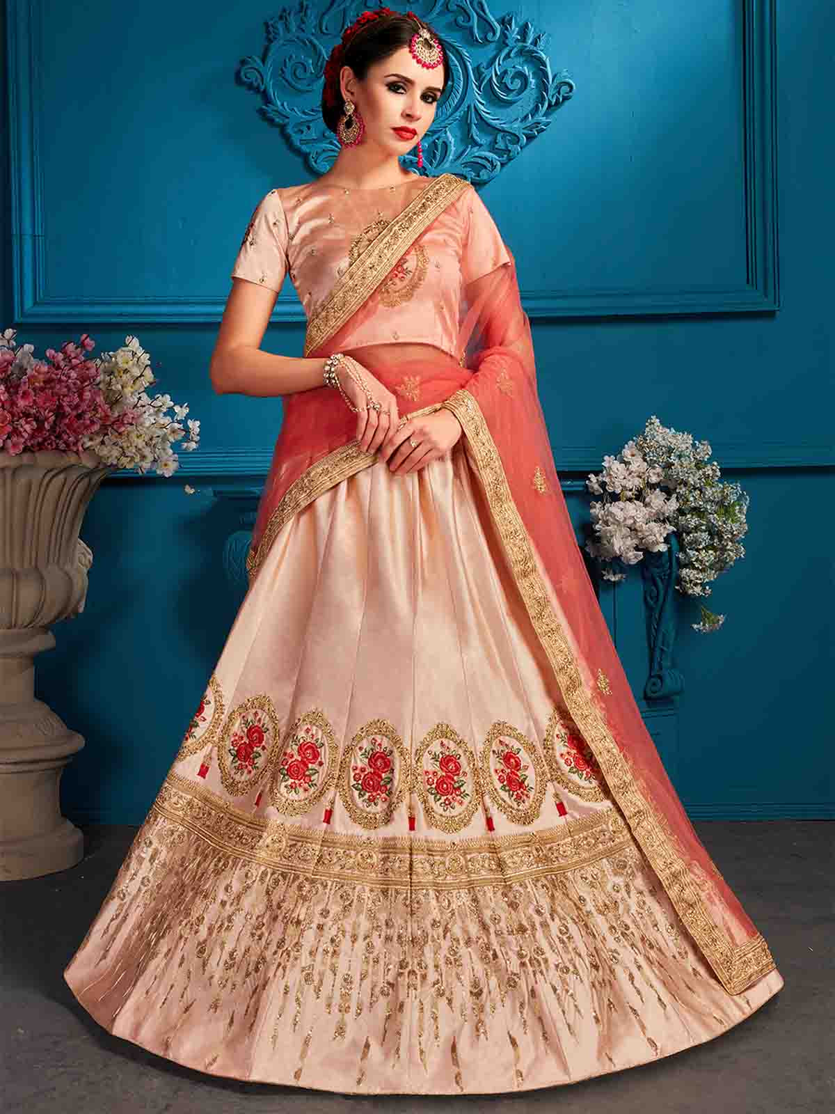 Peach Resham,Zari,Stone,Gilter Sequins Semi Stitched Lehenga With Unstitched Blouse Clothsvilla Main image