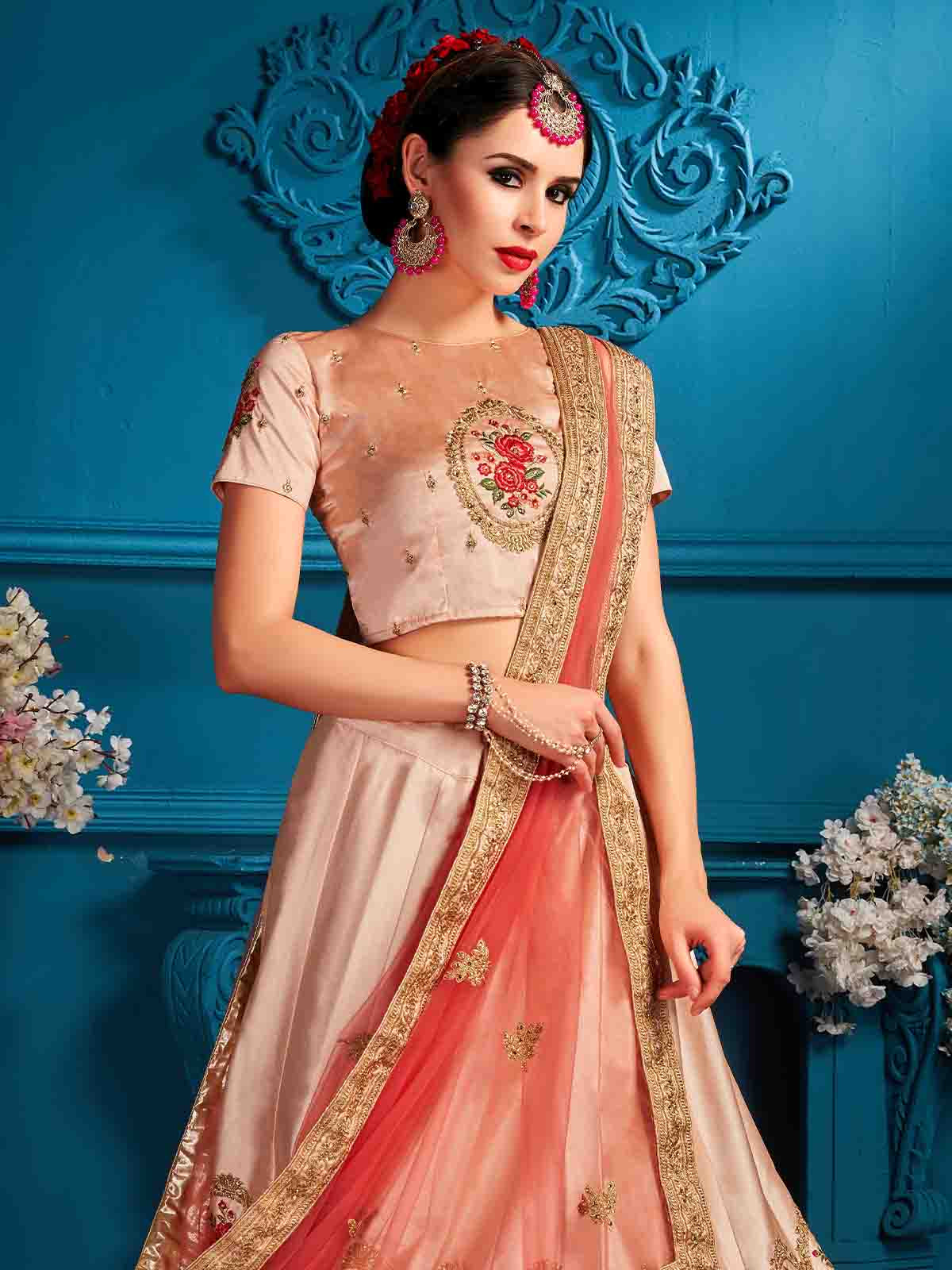 Peach Resham,Zari,Stone,Gilter Sequins Semi Stitched Lehenga With Unstitched Blouse Clothsvilla