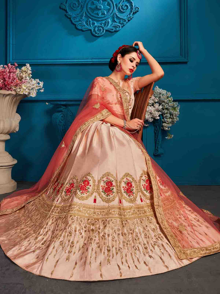 Peach Resham,Zari,Stone,Gilter Sequins Semi Stitched Lehenga With Unstitched Blouse Clothsvilla