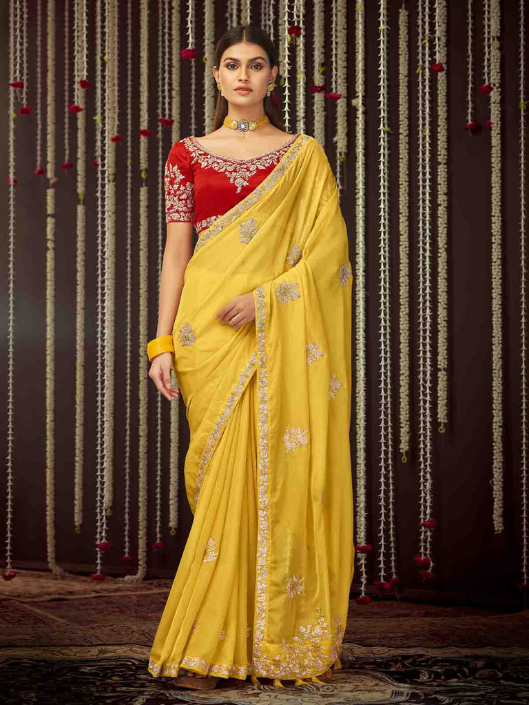 Yellow Organza Embroidered Saree With Unstitched Blouse Clothsvilla