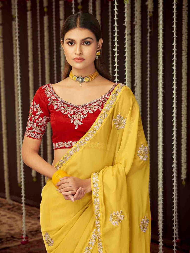 Yellow Organza Embroidered Saree With Unstitched Blouse Clothsvilla