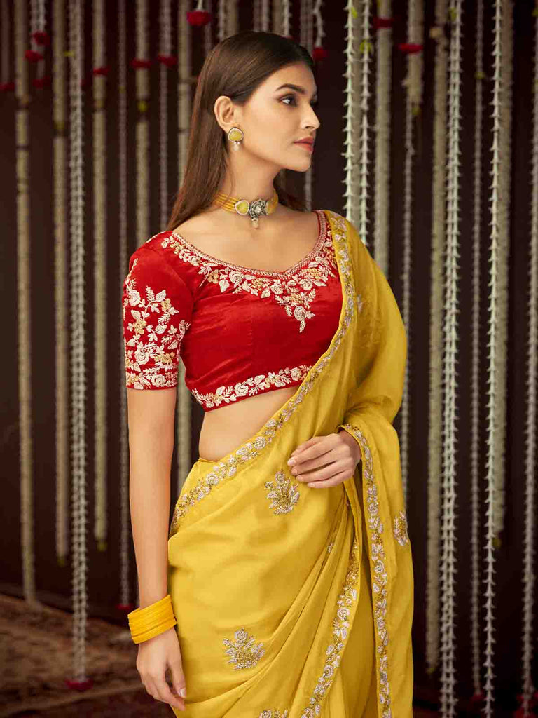 Yellow Organza Embroidered Saree With Unstitched Blouse Clothsvilla