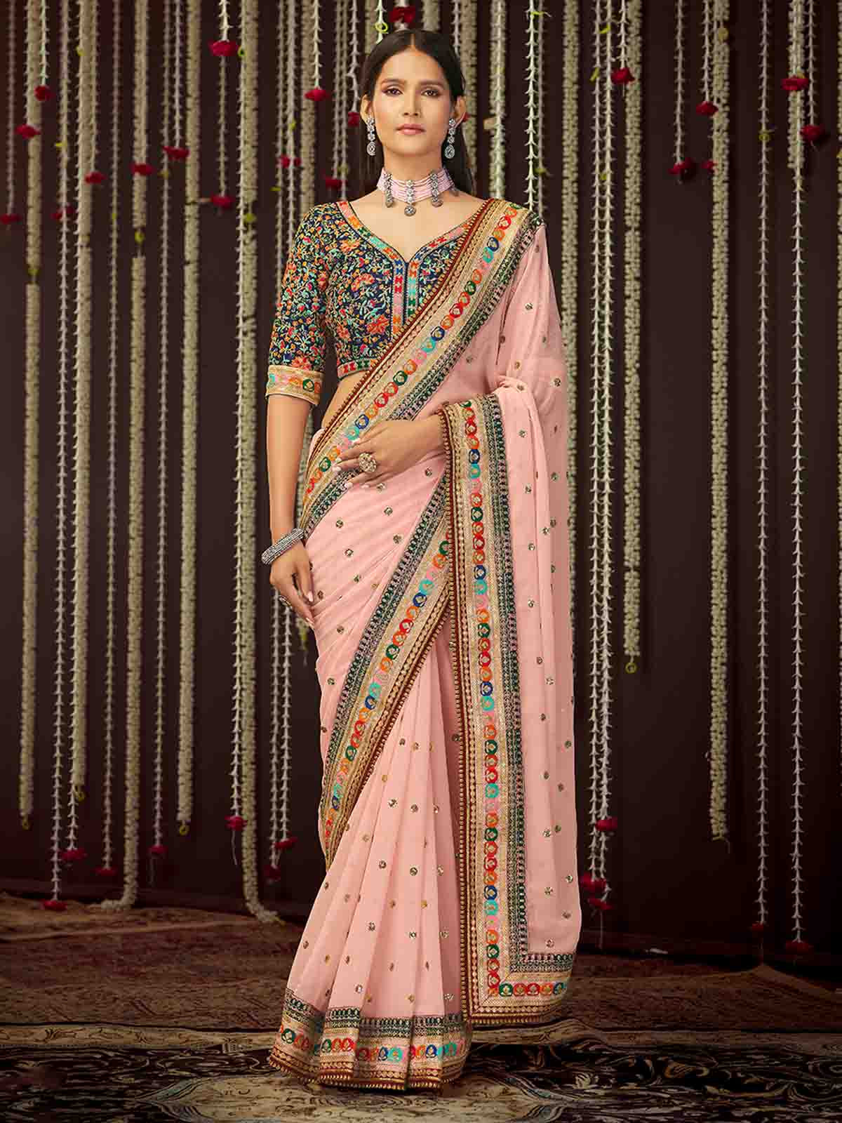 Pink Georgette Embroidered Saree With Unstitched Blouse Clothsvilla Main image