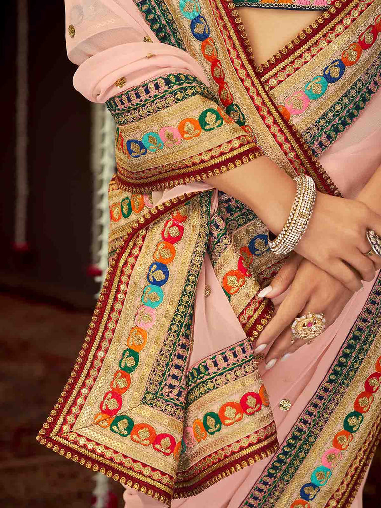 Pink Georgette Embroidered Saree With Unstitched Blouse Clothsvilla