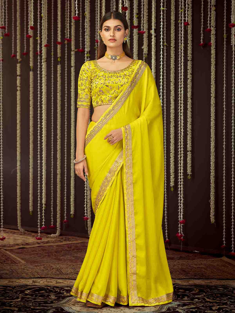 Yellow Chinon Silk Embroidered Saree With Unstitched Blouse Clothsvilla