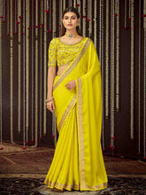 Load image into Gallery viewer, Yellow Chinon Silk Embroidered Saree With Unstitched Blouse Clothsvilla