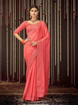 Peach  Organza Embroidered Saree With Unstitched Blouse Clothsvilla