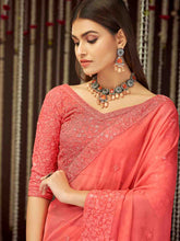 Load image into Gallery viewer, Peach  Organza Embroidered Saree With Unstitched Blouse Clothsvilla