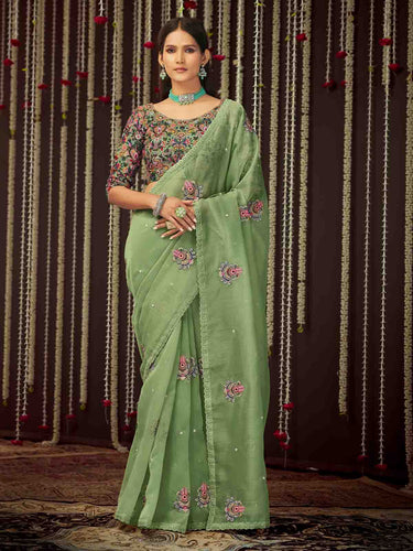 Green Organza Embroidered Saree With Unstitched Blouse Clothsvilla