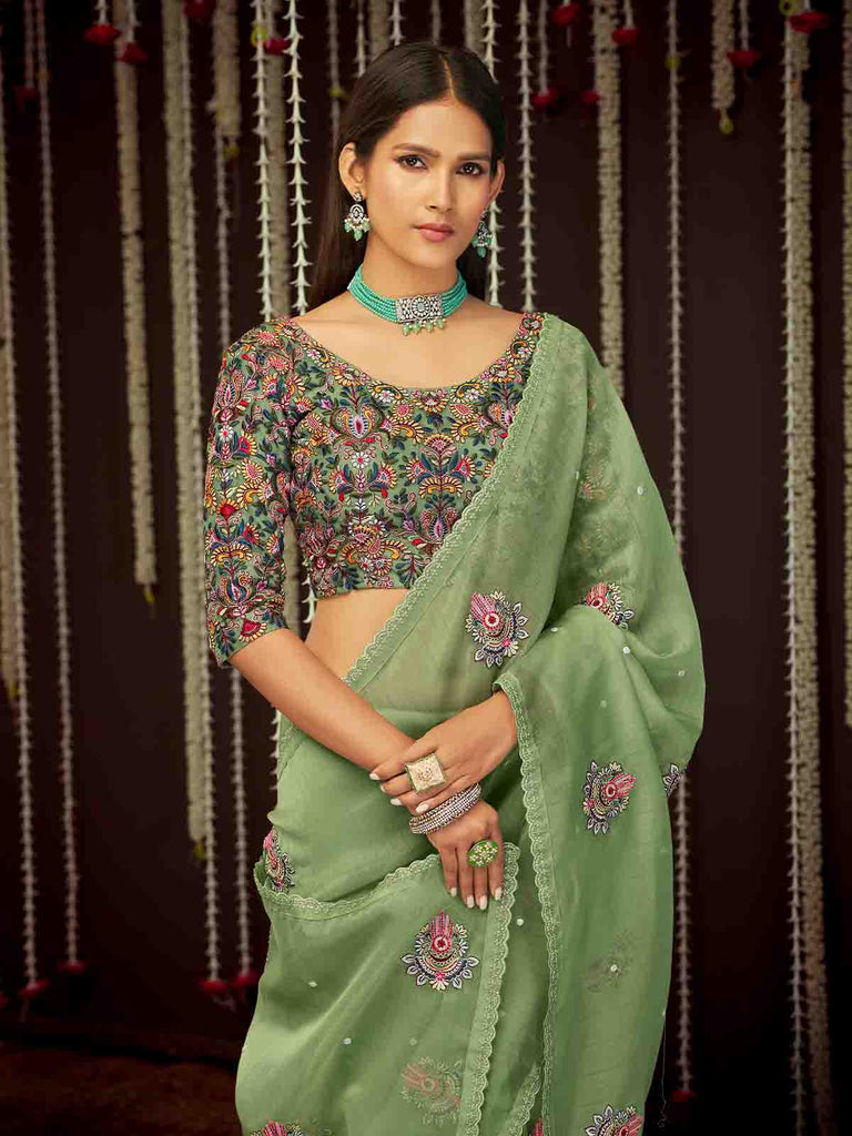 Green Organza Embroidered Saree With Unstitched Blouse Clothsvilla