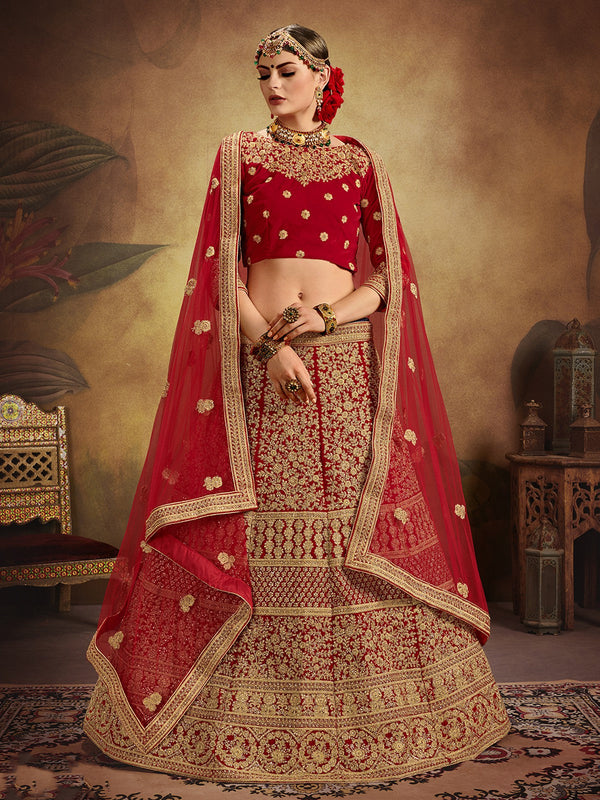 Red Elegant  Semi Stitched Lehenga With  Unstitched Blouse Clothsvilla