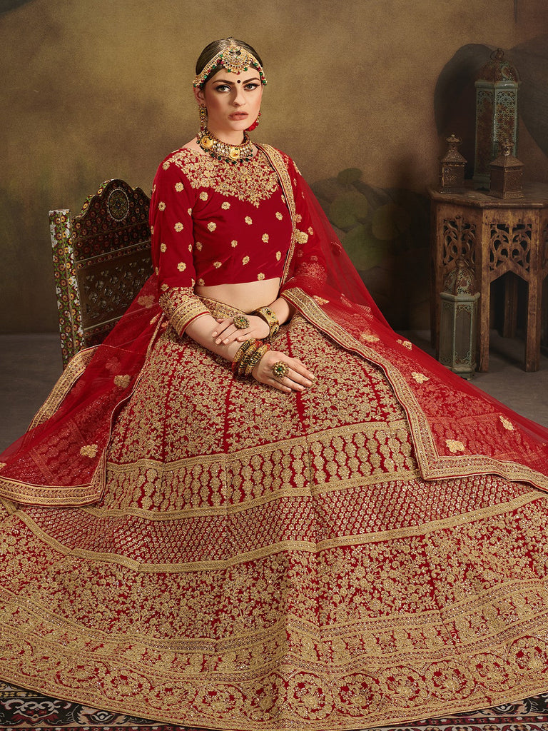 Red Elegant  Semi Stitched Lehenga With  Unstitched Blouse Clothsvilla