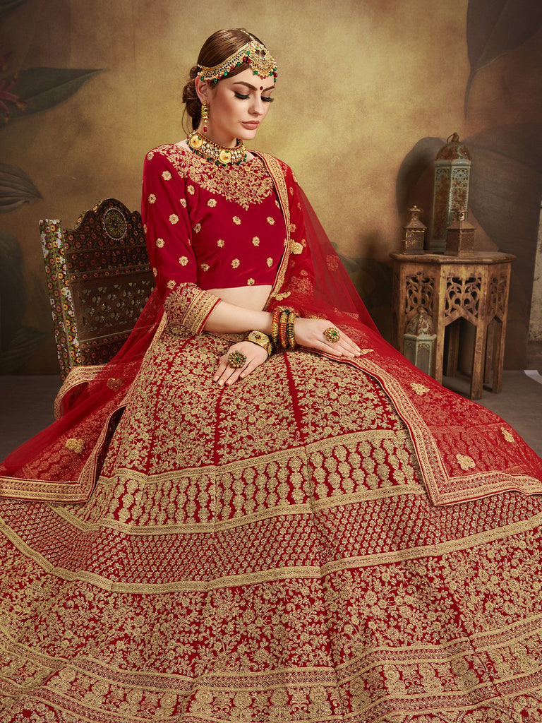 Red Elegant  Semi Stitched Lehenga With  Unstitched Blouse Clothsvilla