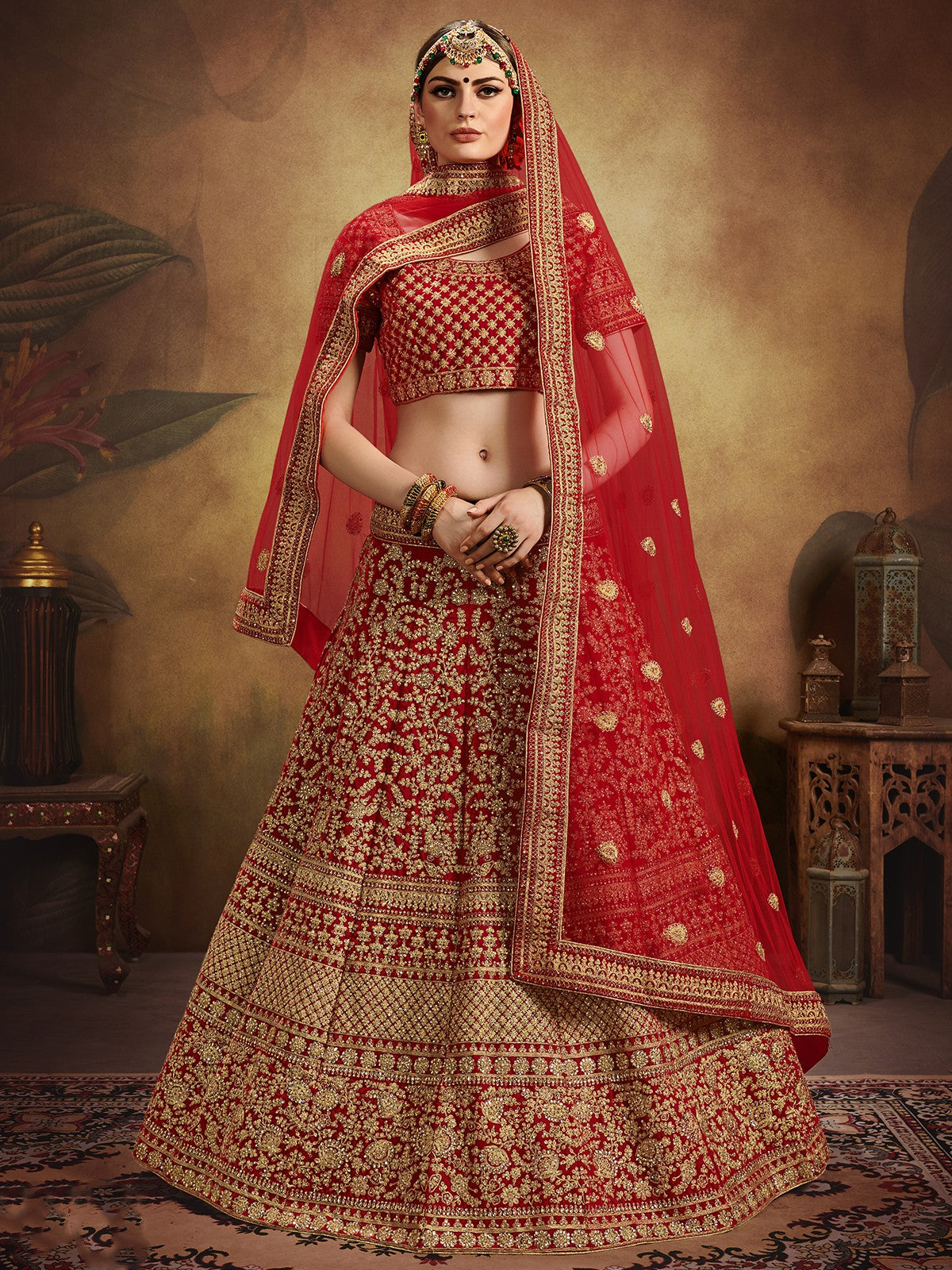 Red Elegant  Semi Stitched Lehenga With  Unstitched Blouse Clothsvilla Main image