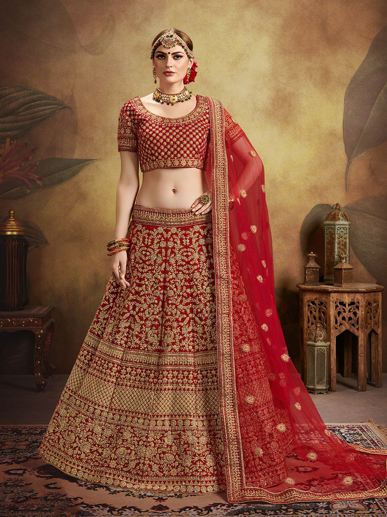 Red Elegant  Semi Stitched Lehenga With  Unstitched Blouse Clothsvilla