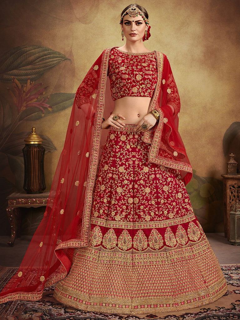 Red Elegant  Semi Stitched Lehenga With  Unstitched Blouse Clothsvilla