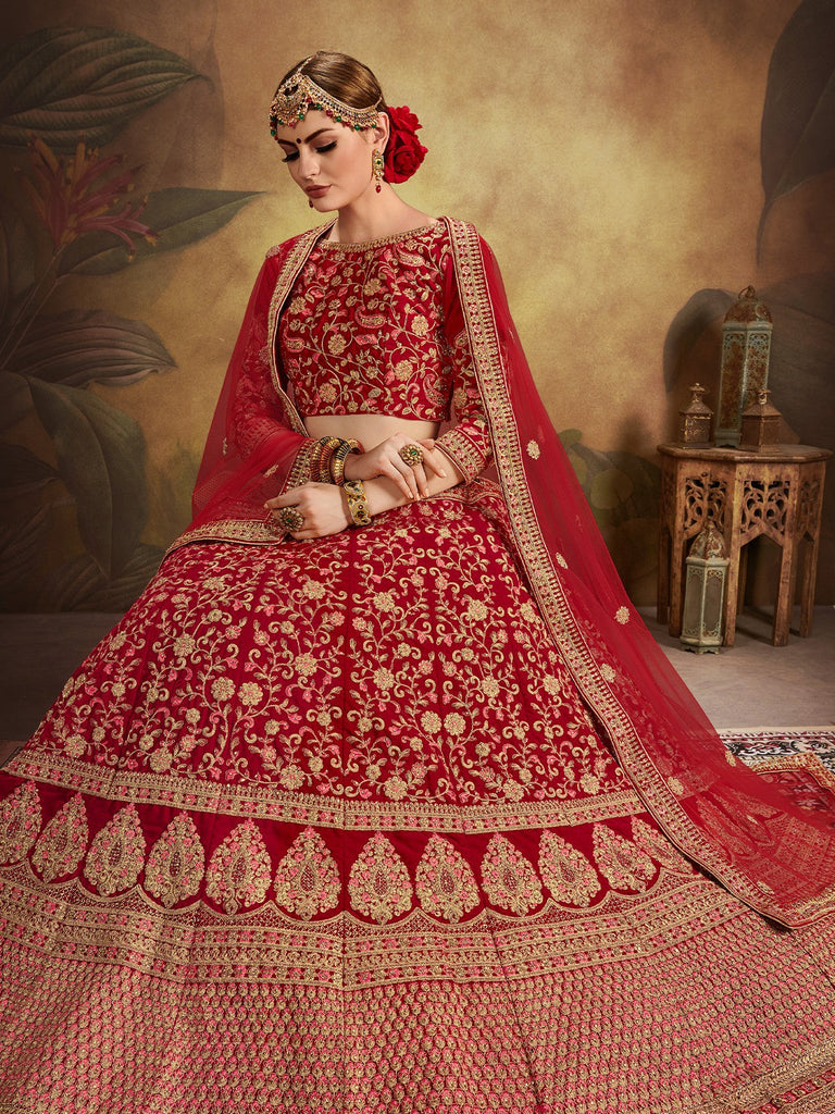 Red Elegant  Semi Stitched Lehenga With  Unstitched Blouse Clothsvilla