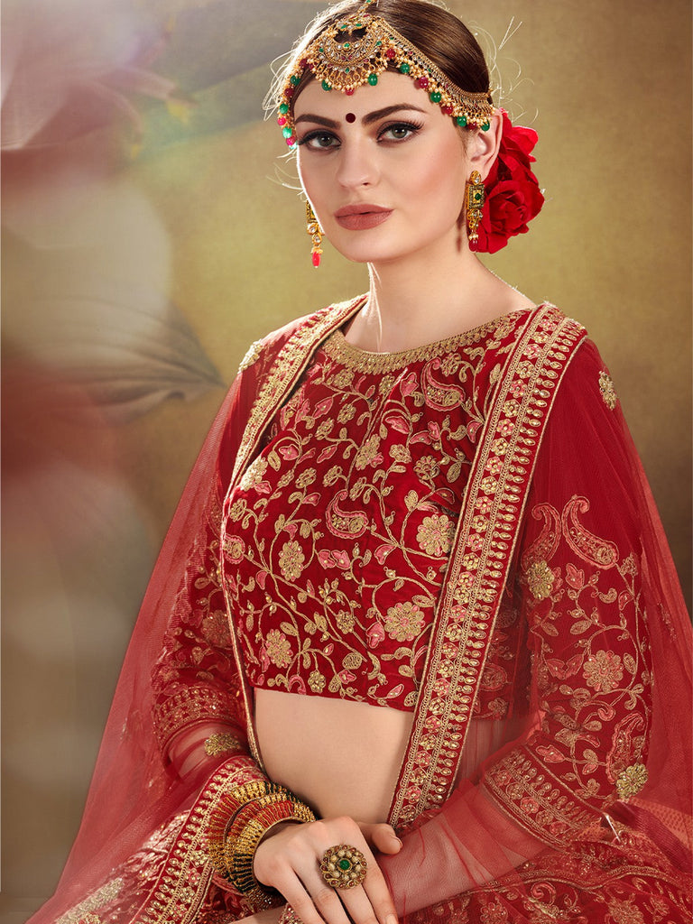 Red Elegant  Semi Stitched Lehenga With  Unstitched Blouse Clothsvilla