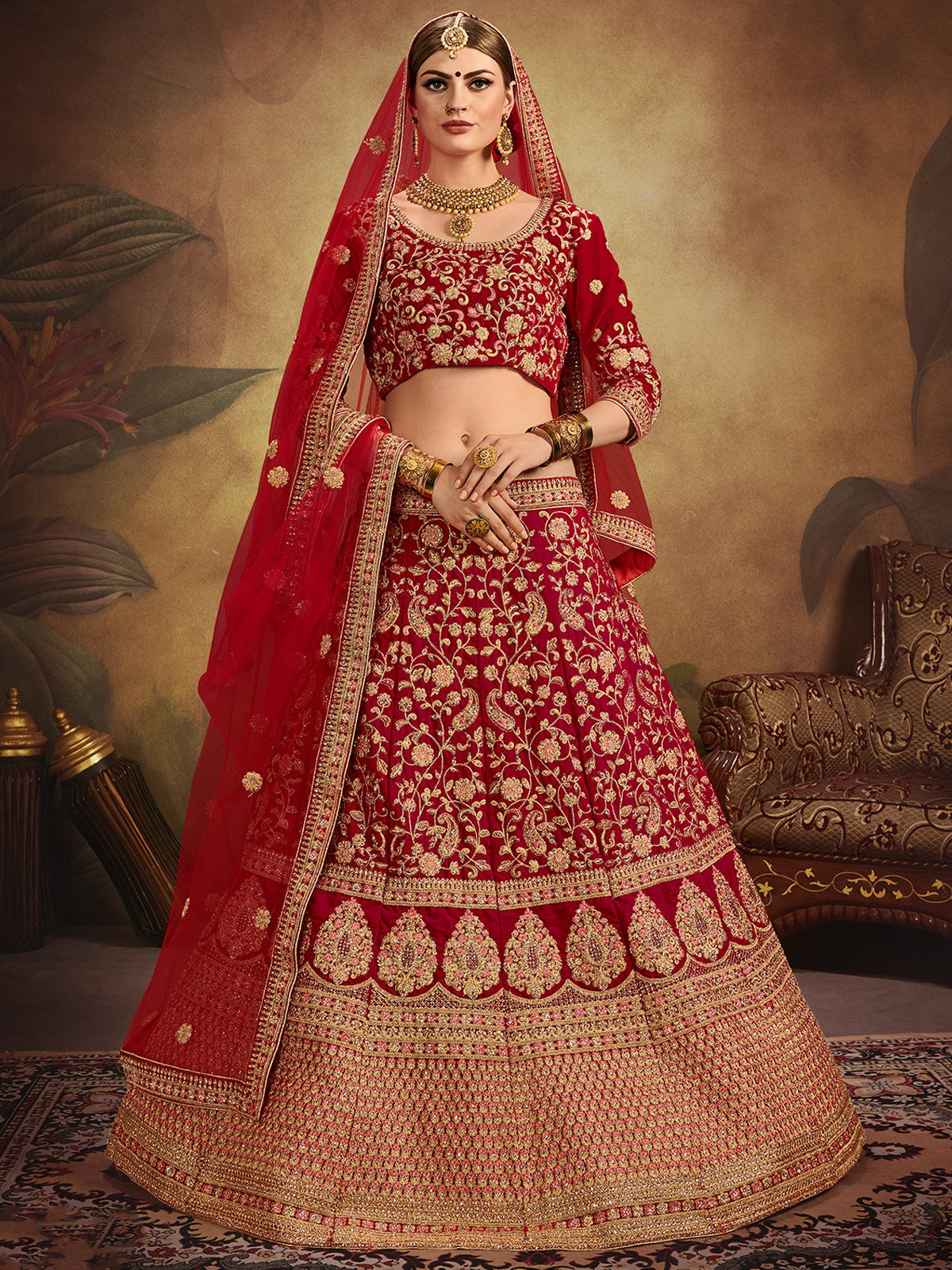 Red Elegant  Semi Stitched Lehenga With  Unstitched Blouse Clothsvilla Main image