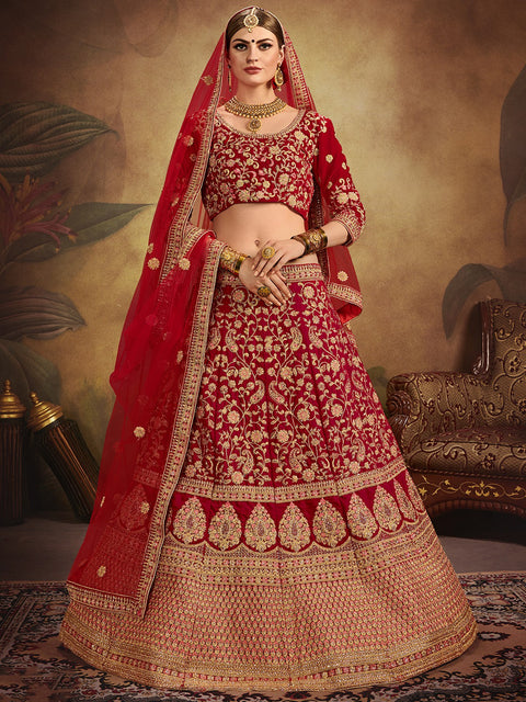 Red Elegant  Semi Stitched Lehenga With  Unstitched Blouse Clothsvilla Main image