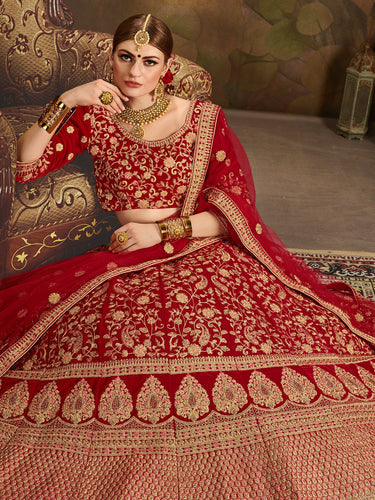 Red Elegant  Semi Stitched Lehenga With  Unstitched Blouse Clothsvilla