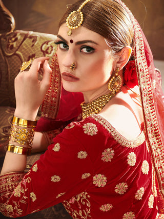 Red Elegant  Semi Stitched Lehenga With  Unstitched Blouse Clothsvilla