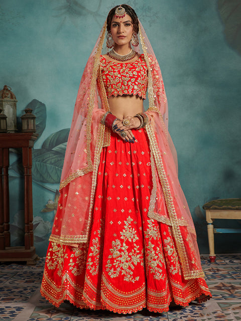 Red Elegant  Semi Stitched Lehenga With  Unstitched Blouse Clothsvilla Main image