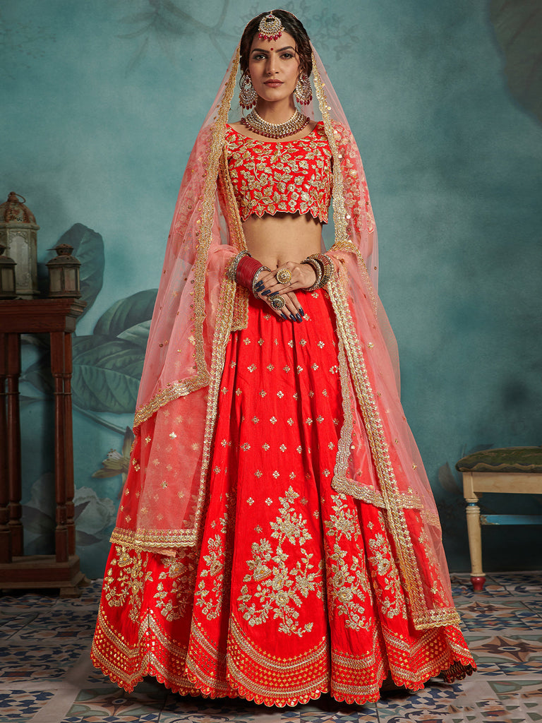 Red Elegant  Semi Stitched Lehenga With  Unstitched Blouse Clothsvilla