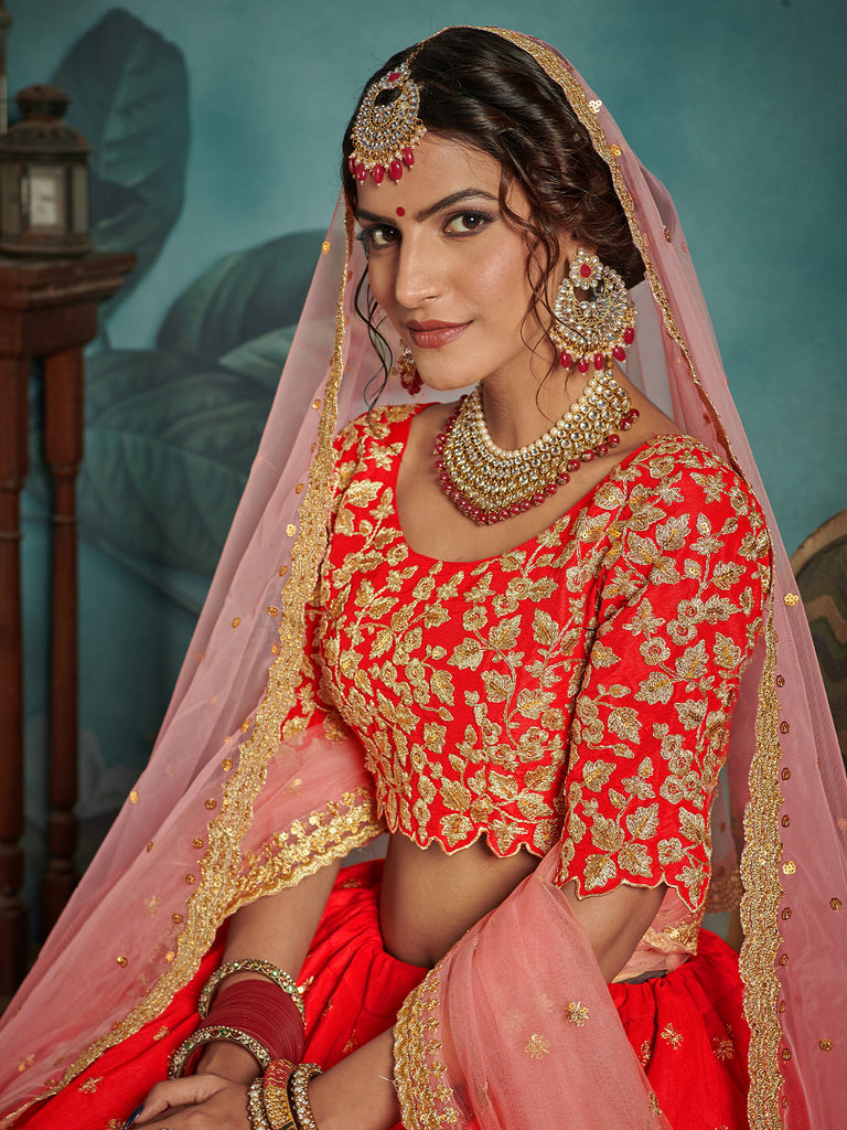 Red Elegant  Semi Stitched Lehenga With  Unstitched Blouse Clothsvilla