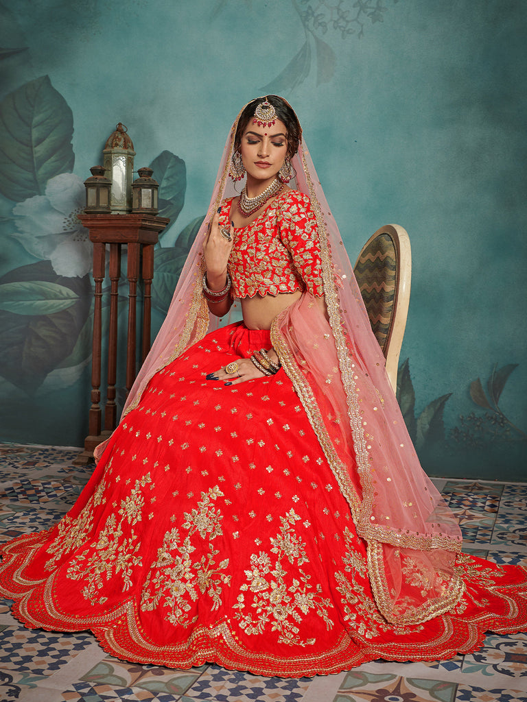 Red Elegant  Semi Stitched Lehenga With  Unstitched Blouse Clothsvilla