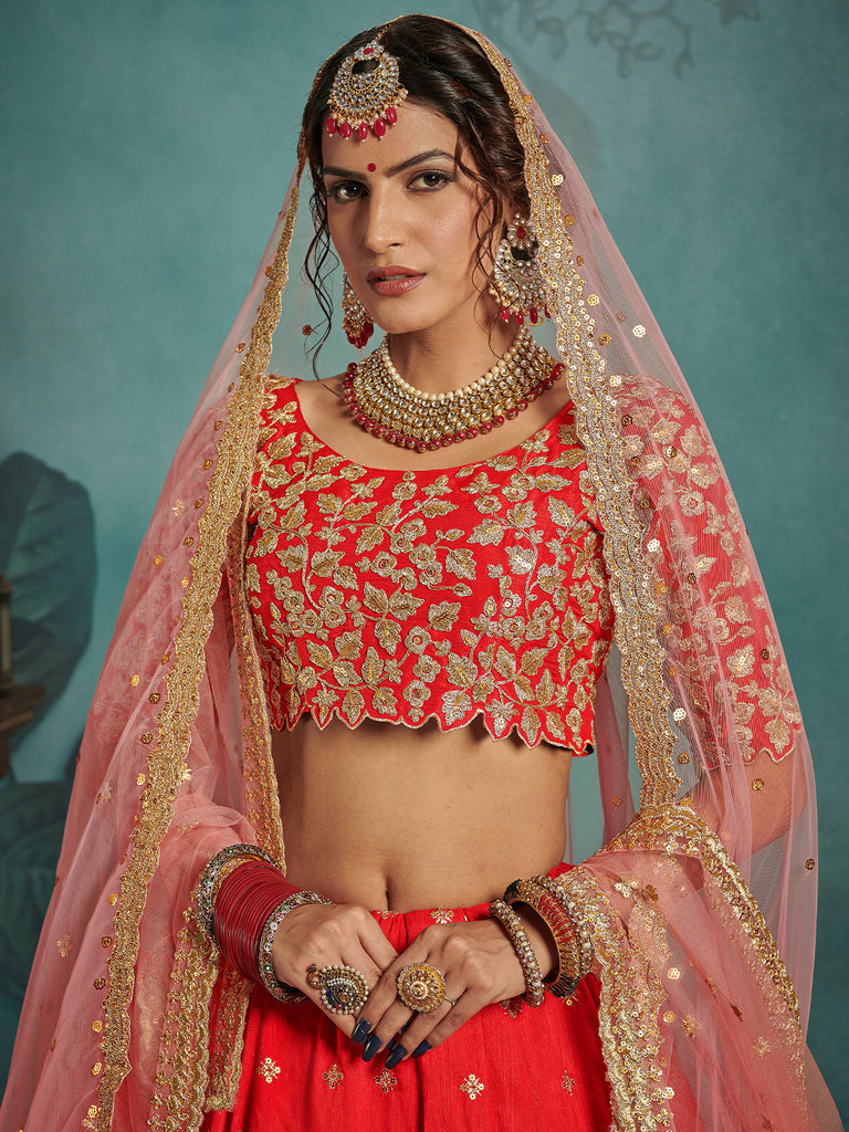 Red Elegant  Semi Stitched Lehenga With  Unstitched Blouse Clothsvilla