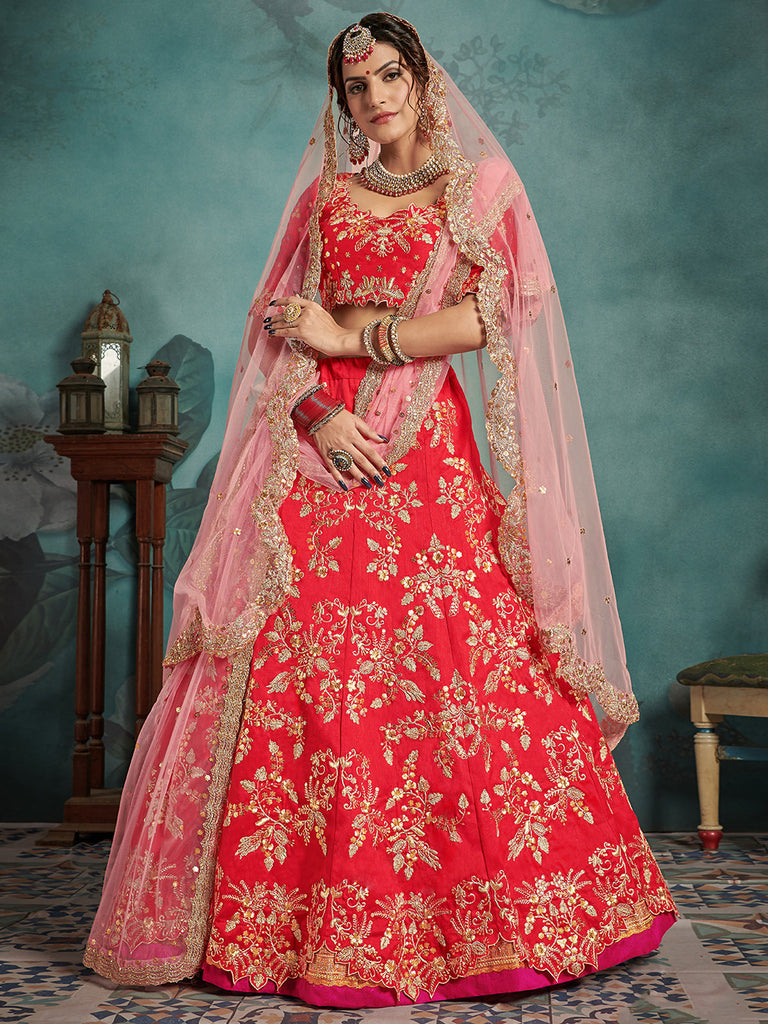 Semi Stitched  Red Art Silk  Semi Stitched Lehenga With  Unstitched Blouse Clothsvilla