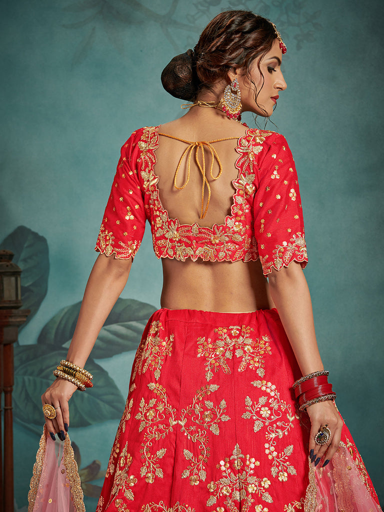 Semi Stitched  Red Art Silk  Semi Stitched Lehenga With  Unstitched Blouse Clothsvilla