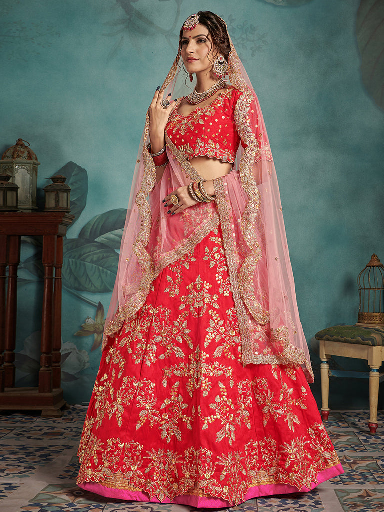 Semi Stitched  Red Art Silk  Semi Stitched Lehenga With  Unstitched Blouse Clothsvilla