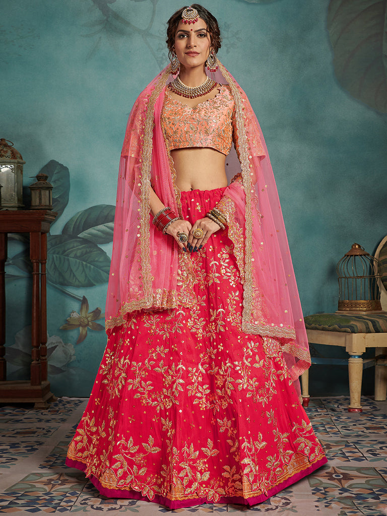 Fashionable Pink Art Silk Semi Stitched Lehenga With  Unstitched Blouse Clothsvilla