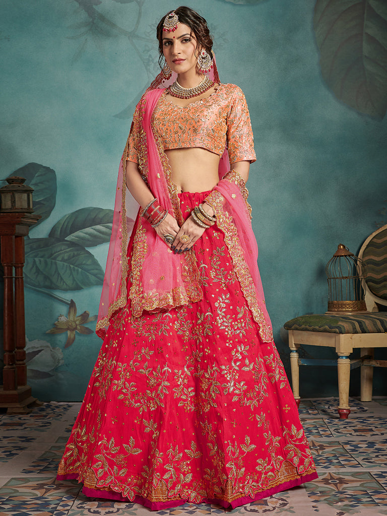 Fashionable Pink Art Silk Semi Stitched Lehenga With  Unstitched Blouse Clothsvilla