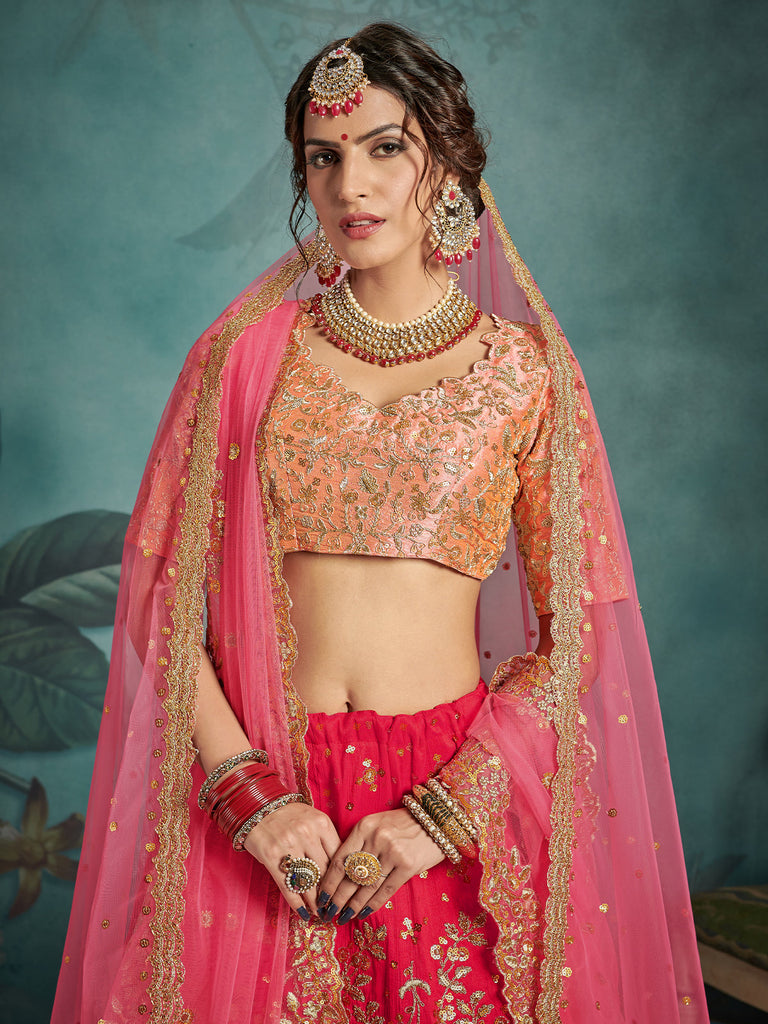 Fashionable Pink Art Silk Semi Stitched Lehenga With  Unstitched Blouse Clothsvilla