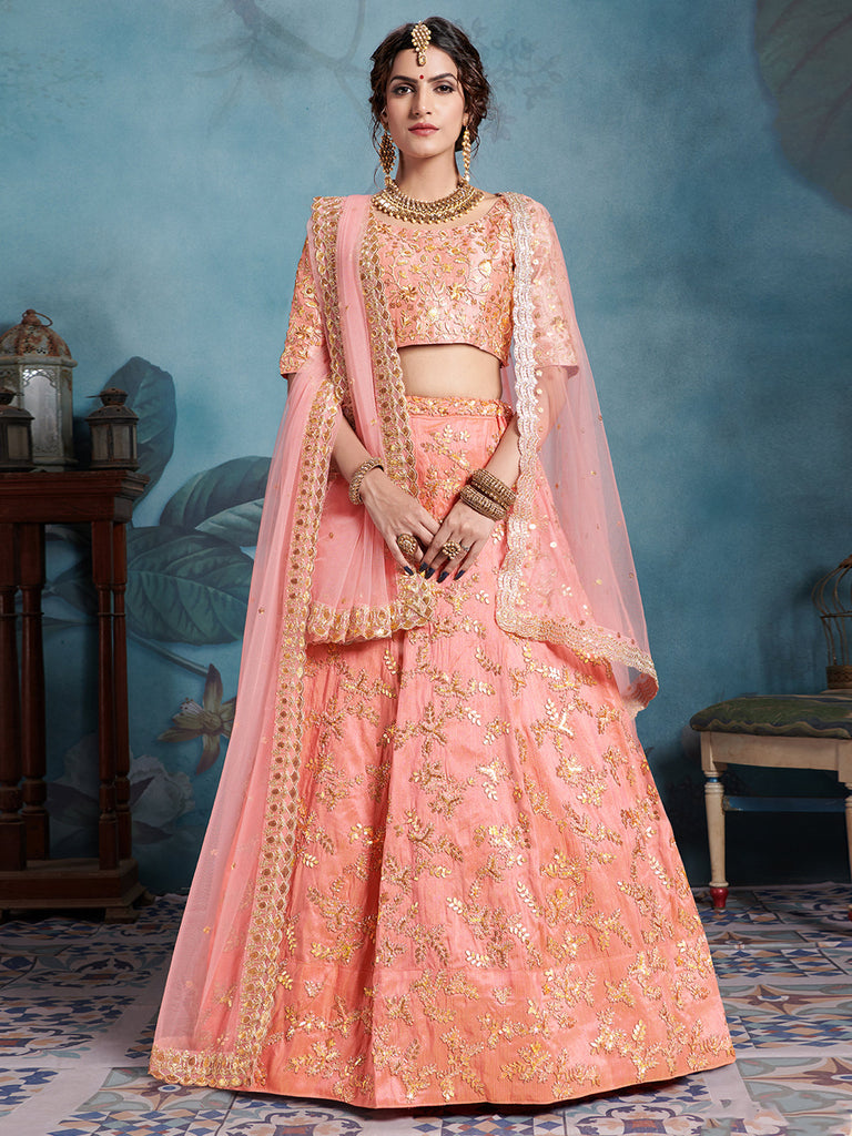 Peach Elegant Semi Stitched Lehenga With  Unstitched Blouse Clothsvilla