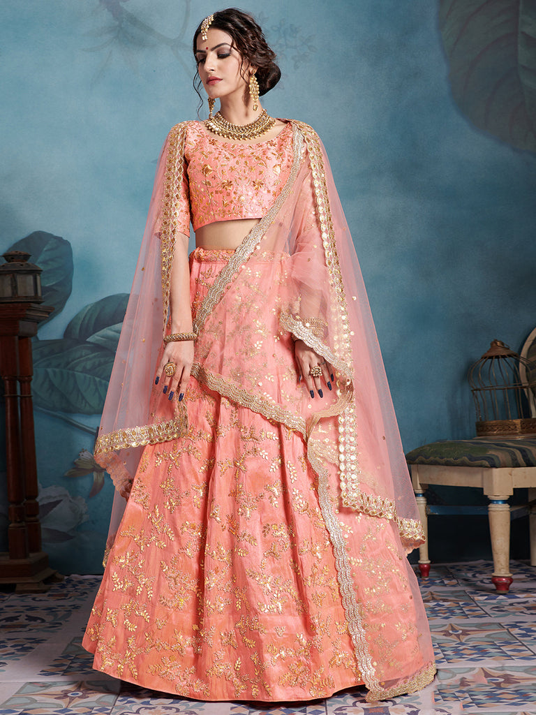 Peach Elegant Semi Stitched Lehenga With  Unstitched Blouse Clothsvilla