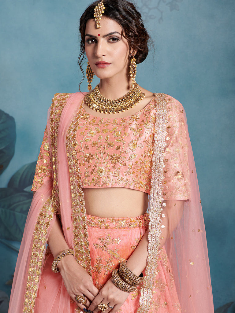 Peach Elegant Semi Stitched Lehenga With  Unstitched Blouse Clothsvilla