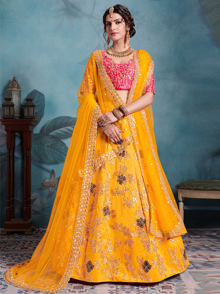 Designer Yellow Soft Net  Semi Stitched Lehenga With  Unstitched Blouse Clothsvilla