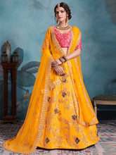 Load image into Gallery viewer, Designer Yellow Soft Net  Semi Stitched Lehenga With  Unstitched Blouse Clothsvilla