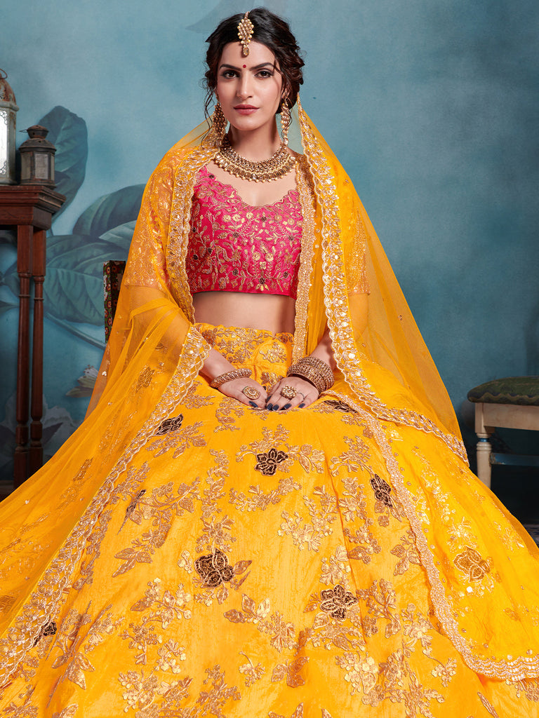 Designer Yellow Soft Net  Semi Stitched Lehenga With  Unstitched Blouse Clothsvilla