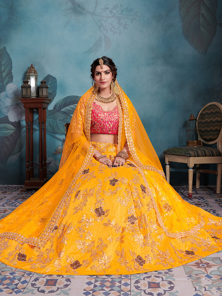 Designer Yellow Soft Net  Semi Stitched Lehenga With  Unstitched Blouse Clothsvilla