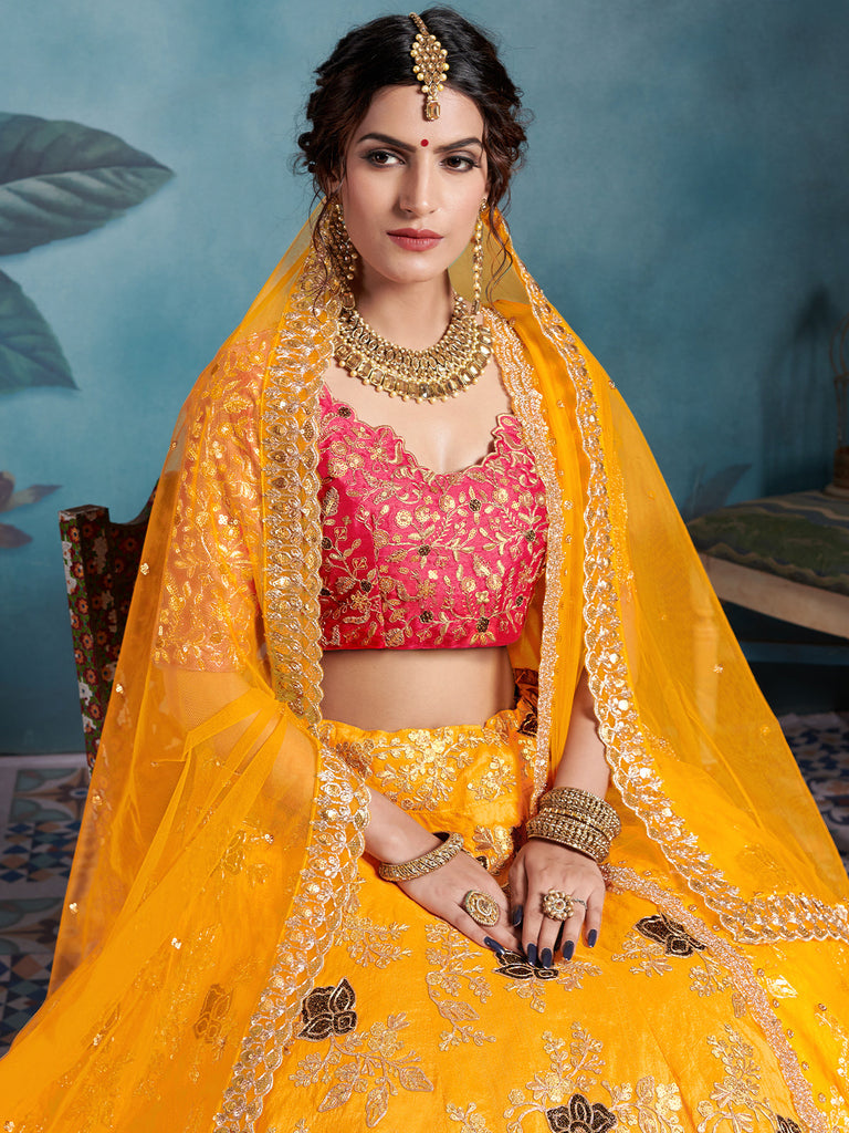 Designer Yellow Soft Net  Semi Stitched Lehenga With  Unstitched Blouse Clothsvilla